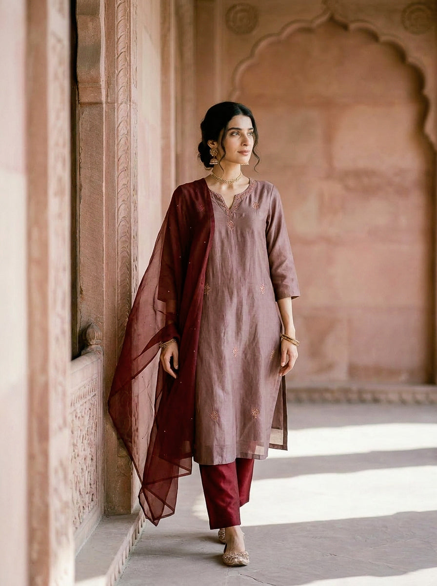 Mauve Embroidered Silk Chanderi Kurta Set with Pants & Dupatta — full set front