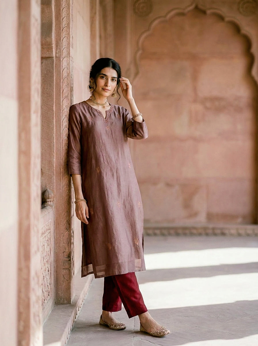 Mauve Embroidered Silk Chanderi Kurta Set with Pants & Dupatta — model front
