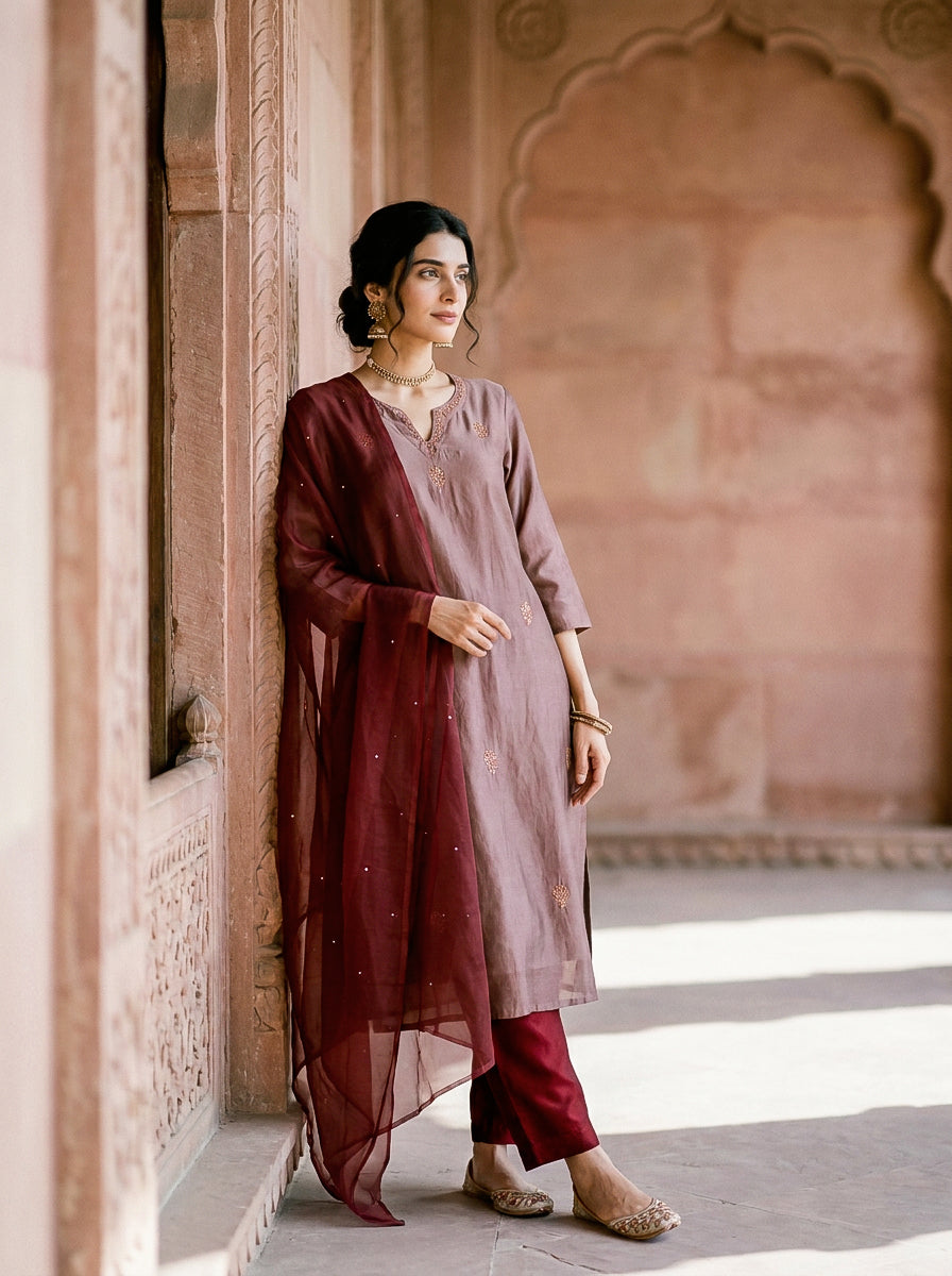 Mauve Embroidered Silk Chanderi Kurta Set with Pants & Dupatta — kurta detail