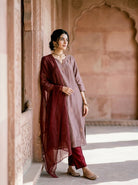 Mauve Embroidered Silk Chanderi Kurta Set with Pants & Dupatta — kurta detail