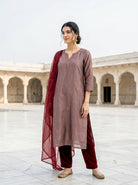 Mauve Embroidered Silk Chanderi Kurta Set with Pants & Dupatta — back view
