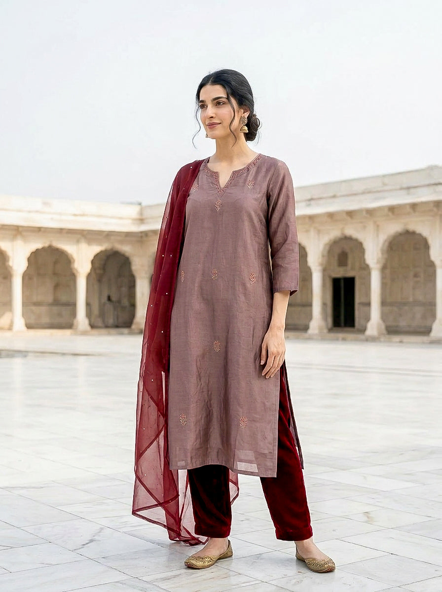 Mauve Embroidered Silk Chanderi Kurta Set with Pants & Dupatta — back view