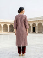 Mauve Embroidered Silk Chanderi Kurta Set with Pants & Dupatta — styling detail