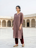 Mauve Embroidered Silk Chanderi Kurta Set with Pants & Dupatta — fabric close-up