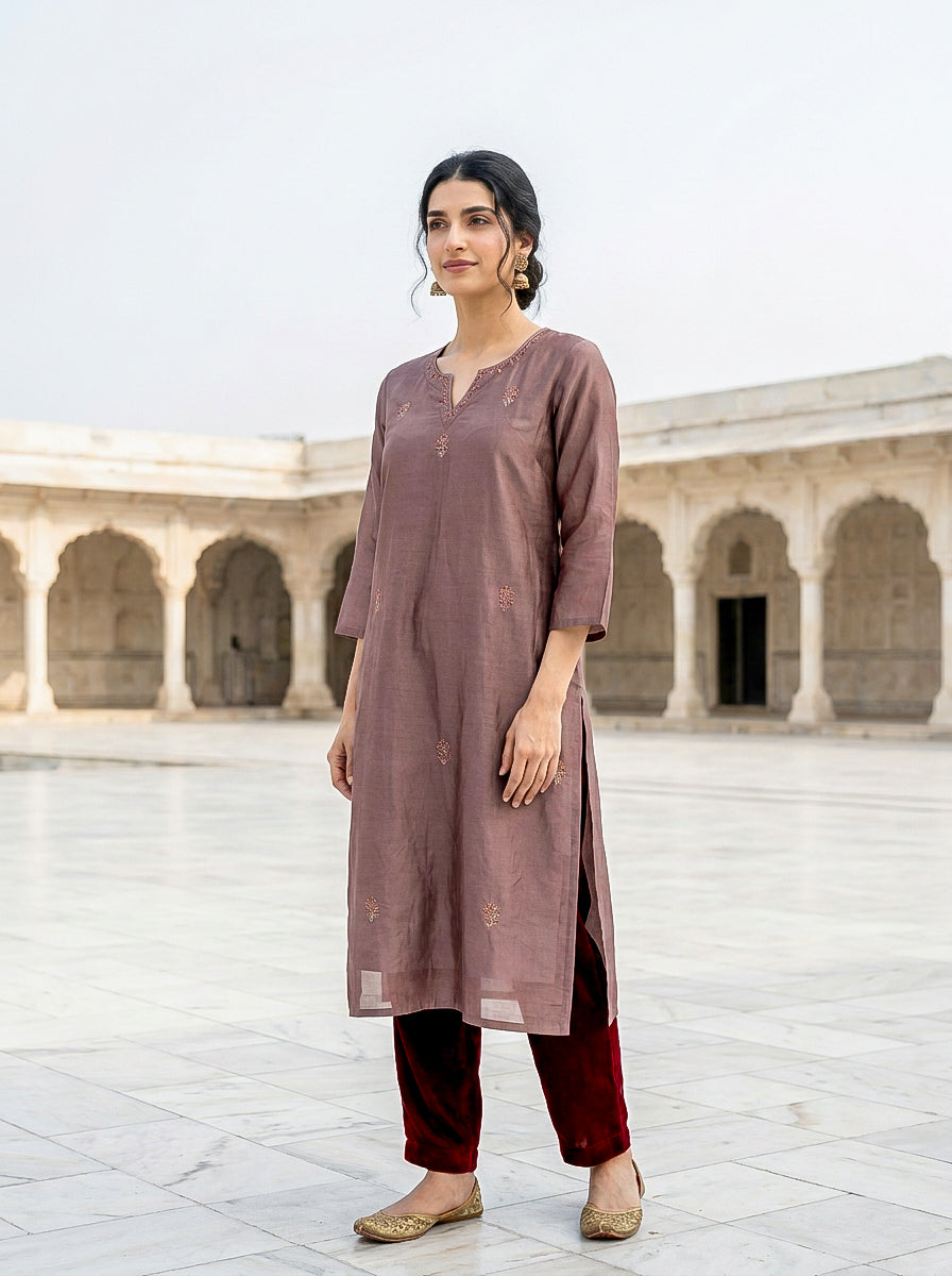 Mauve Embroidered Silk Chanderi Kurta Set with Pants & Dupatta — fabric close-up