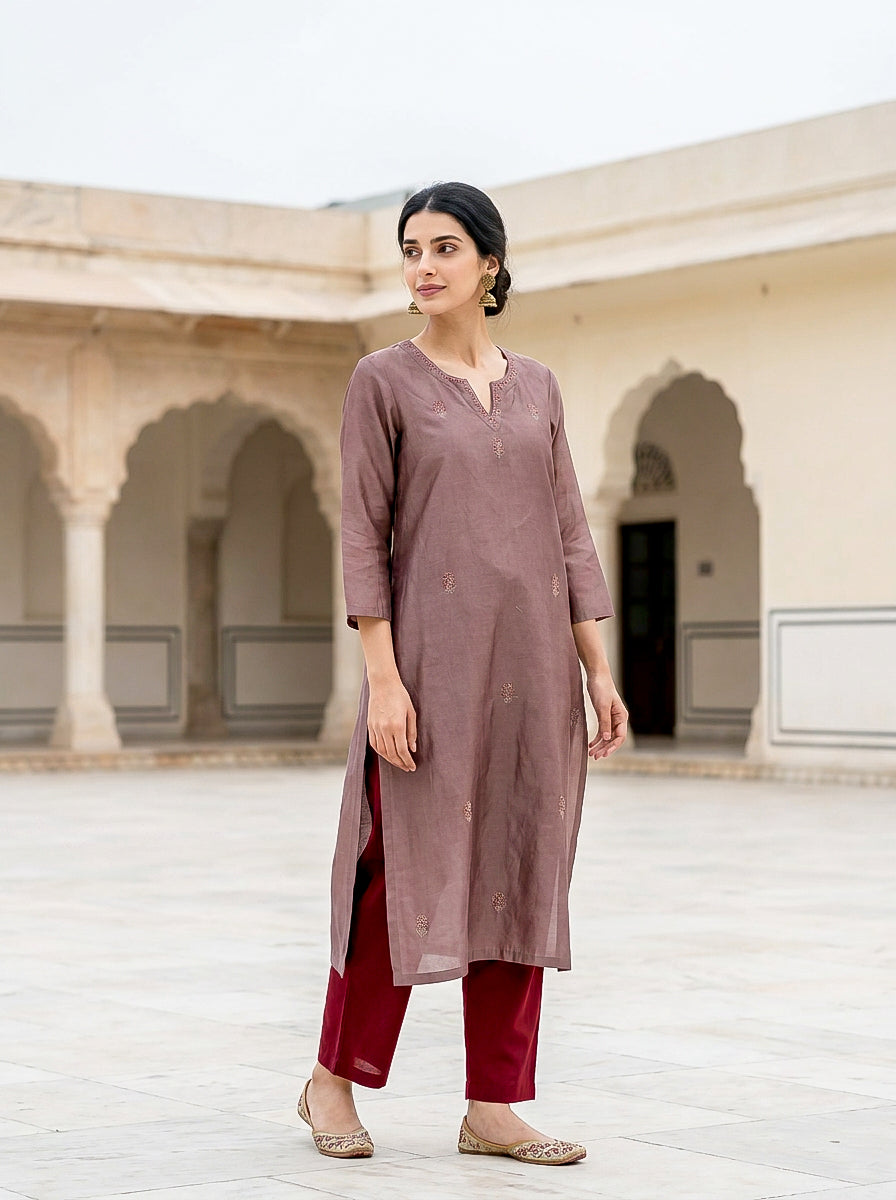 Mauve Embroidered Silk Chanderi Kurta Set with Pants & Dupatta — print detail