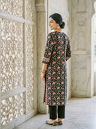 Black Floral Hand Block Print Silk Chanderi Kurta Set with Pants & Dupatta — view 4