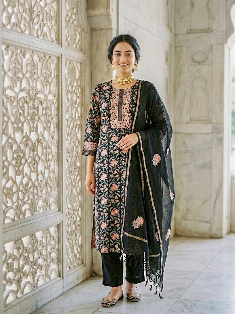 Smiling model wears black floral hand block print kurta set with pants and dupatta.