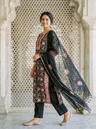 Black Floral Hand Block Print Silk Chanderi Kurta Set with Pants & Dupatta — view 3