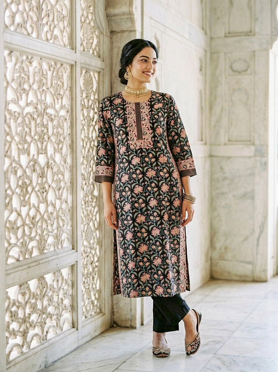 Black Floral Hand Block Print Silk Chanderi Kurta Set with Pants & Dupatta — view 5