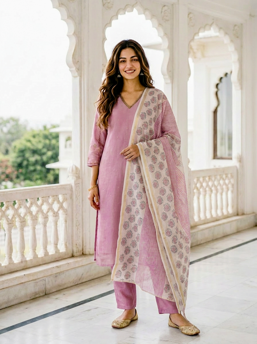 Mauve Embroidered Silk Chanderi Kurta Set with Pants & Block Print Dupatta — full set front
