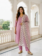 Mauve Embroidered Silk Chanderi Kurta Set with Pants & Block Print Dupatta — model front