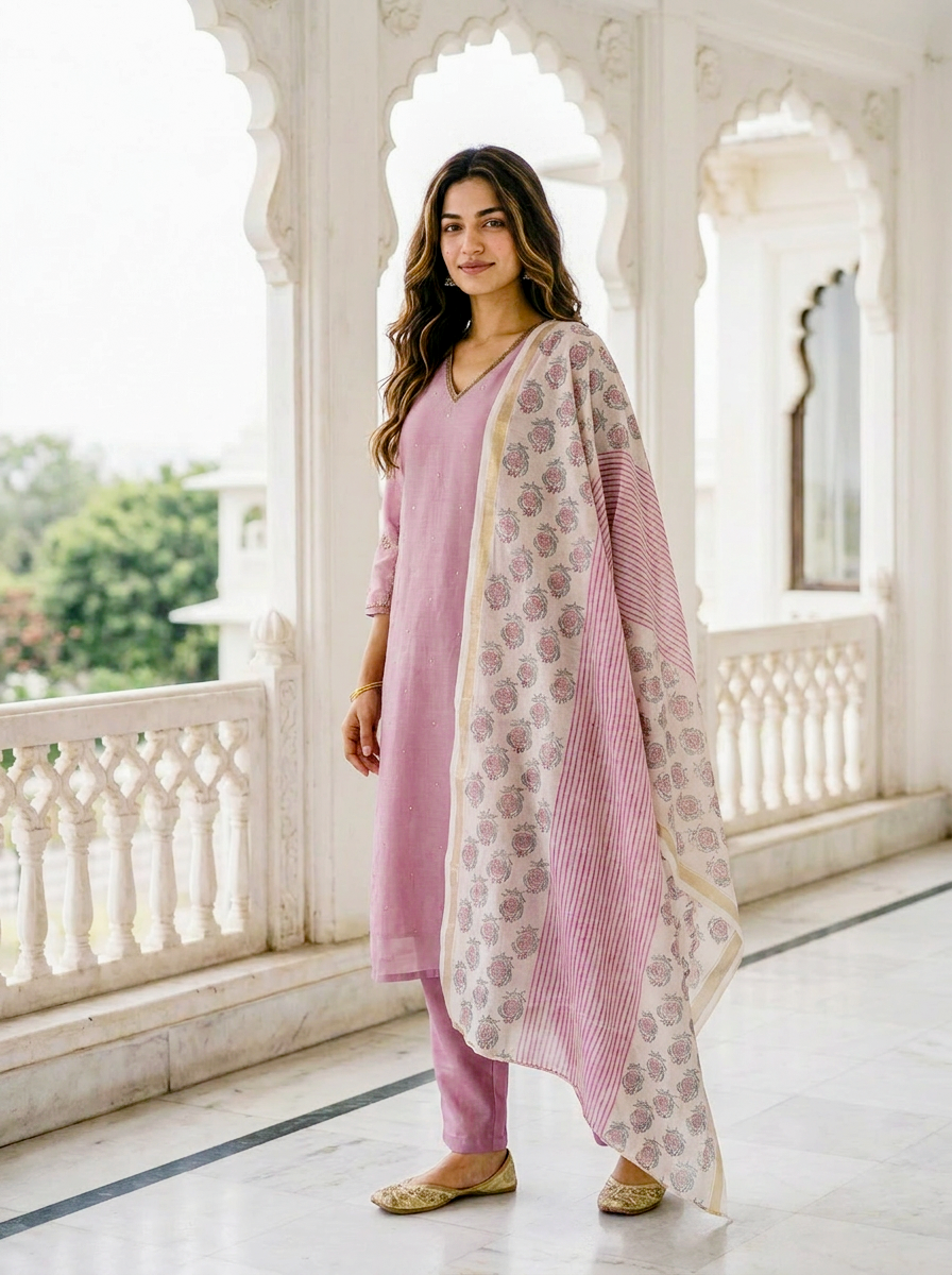 Mauve Embroidered Silk Chanderi Kurta Set with Pants & Block Print Dupatta — kurta detail