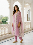 Mauve Embroidered Silk Chanderi Kurta Set with Pants & Block Print Dupatta — back view