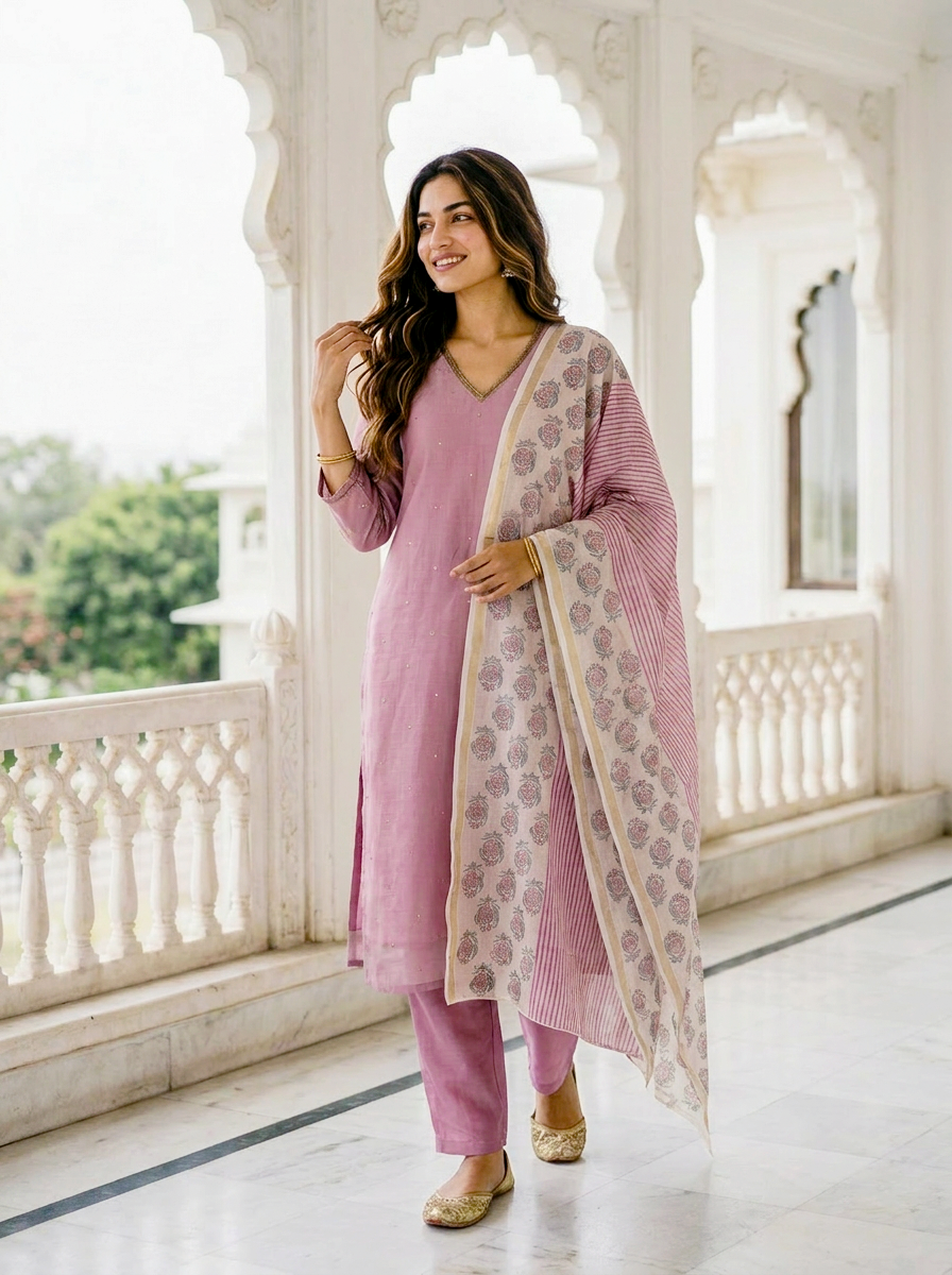 Mauve Embroidered Silk Chanderi Kurta Set with Pants & Block Print Dupatta — side view