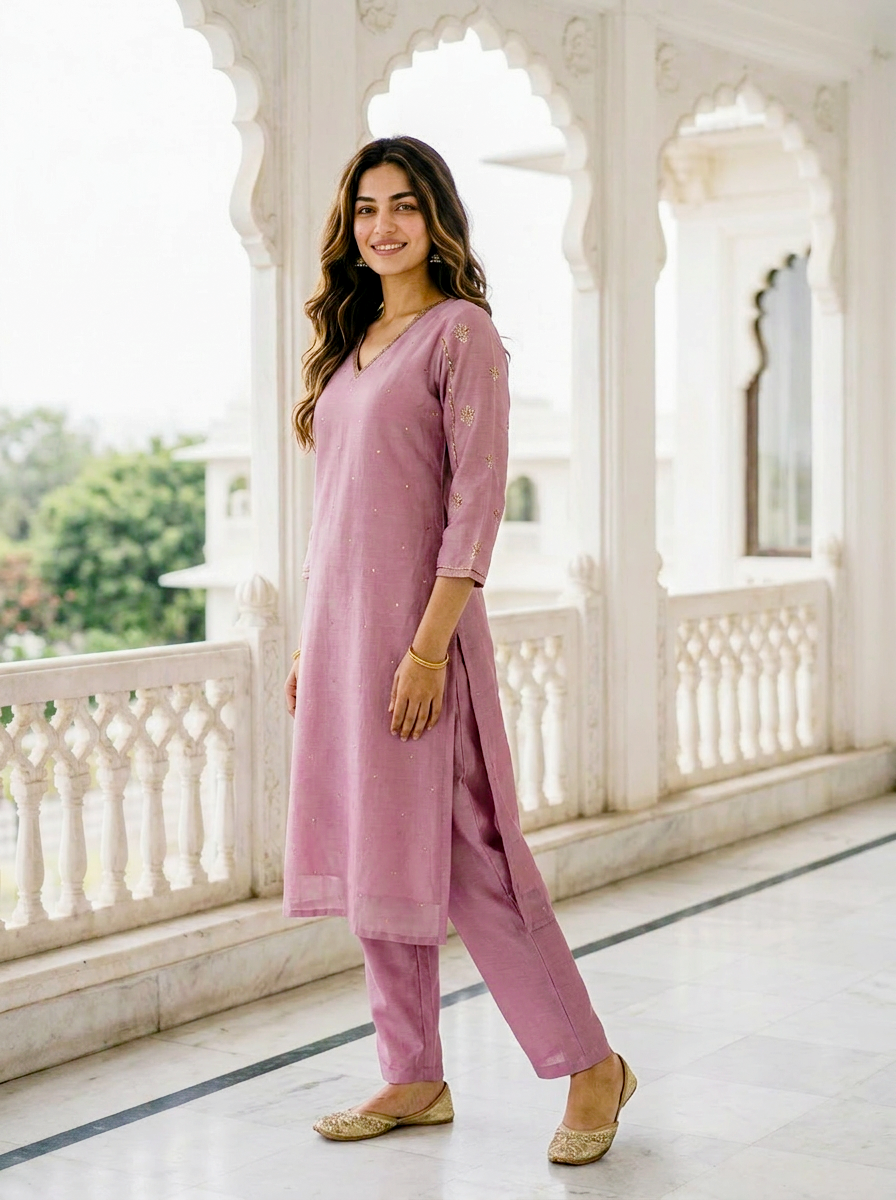 Mauve Embroidered Silk Chanderi Kurta Set with Pants & Block Print Dupatta — fabric close-up