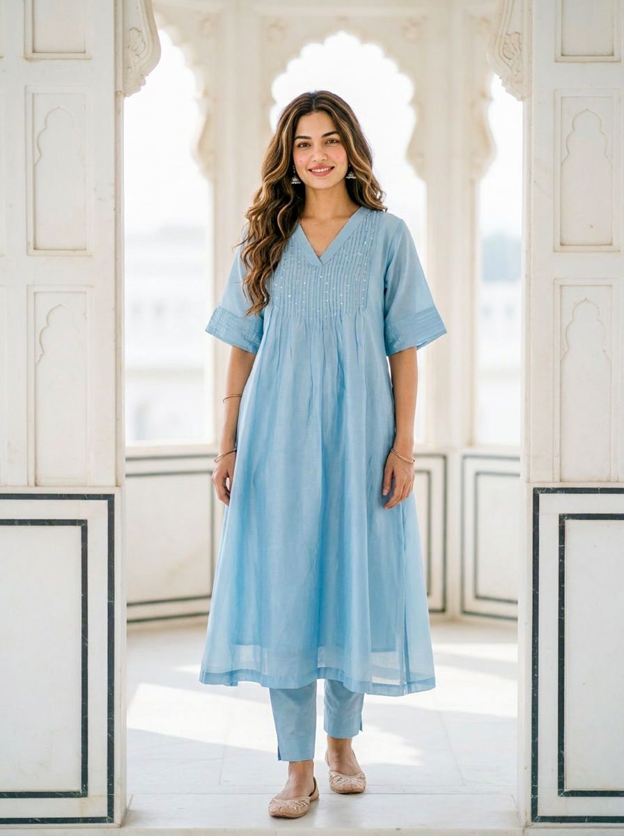 Powder Blue Pintucked Silk Chanderi Kurta with Dola Silk Pants — full set front