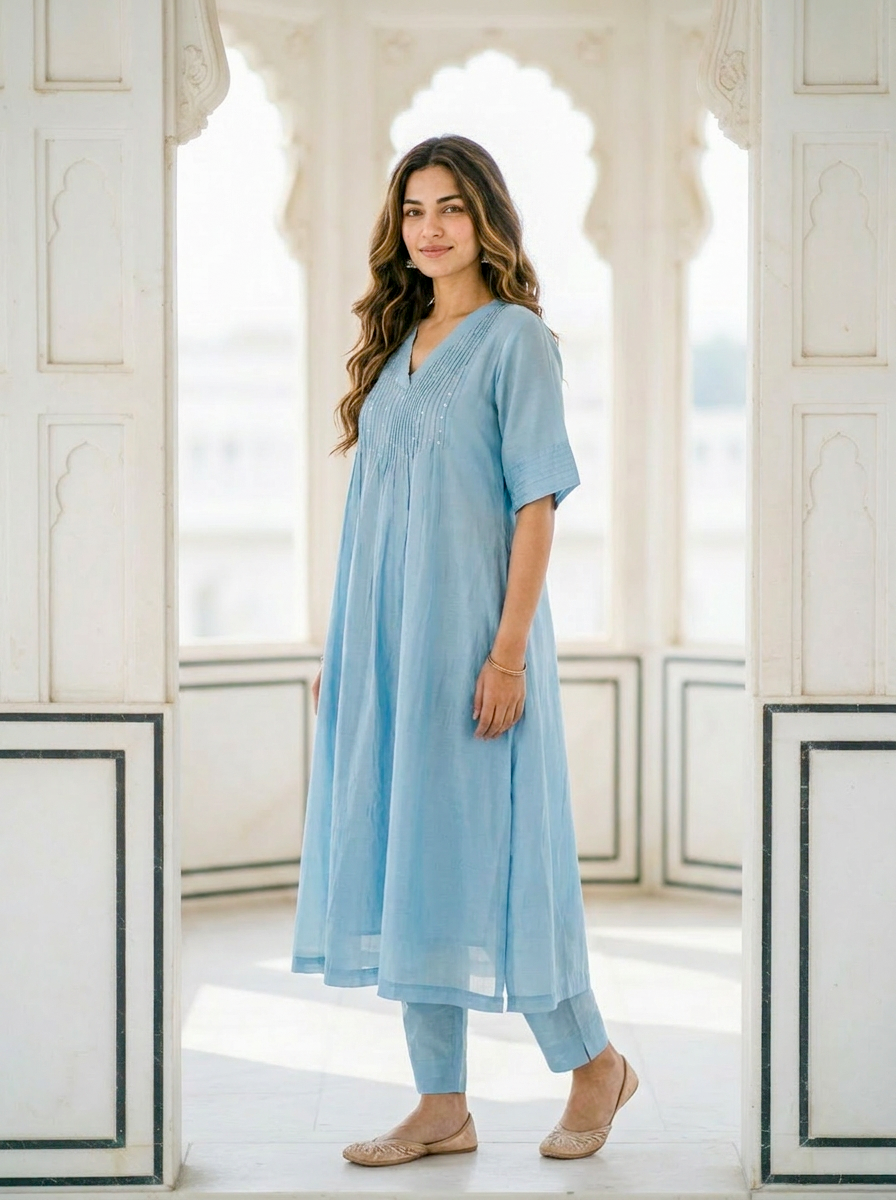 Powder Blue Pintucked Silk Chanderi Kurta with Dola Silk Pants — model front