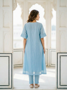 Powder Blue Pintucked Silk Chanderi Kurta with Dola Silk Pants — back view