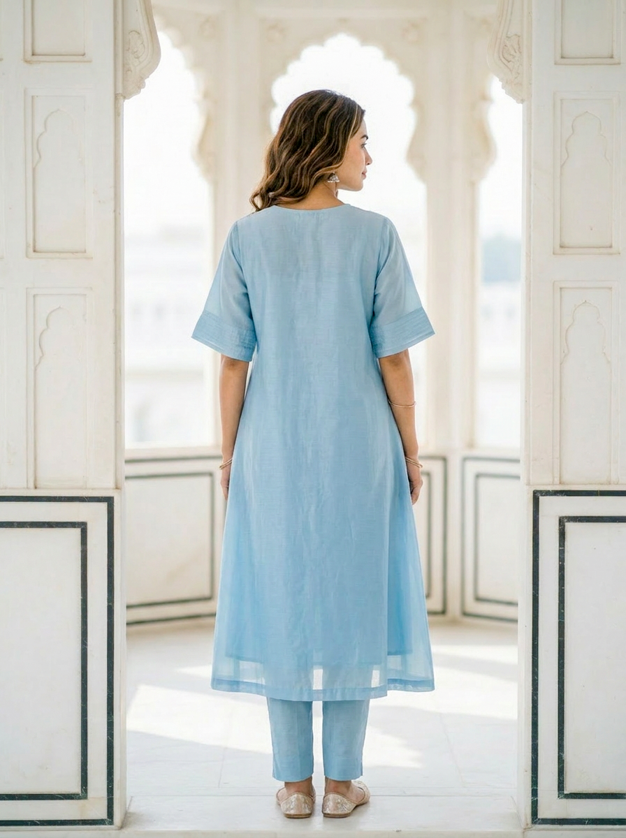 Powder Blue Pintucked Silk Chanderi Kurta with Dola Silk Pants — back view