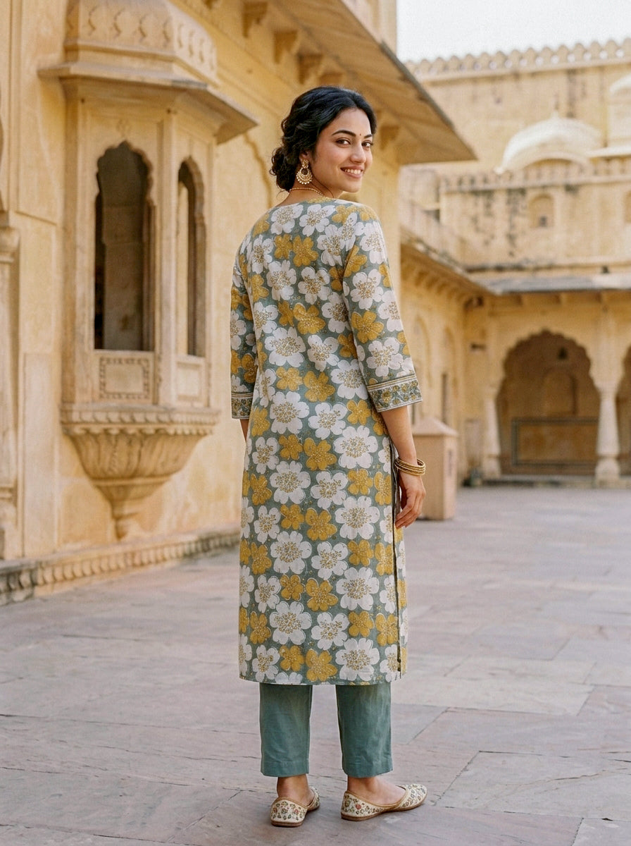 Sage Grey Floral Hand Block Print Cotton Kurta Set with Pants & Kota Dupatta — view 5