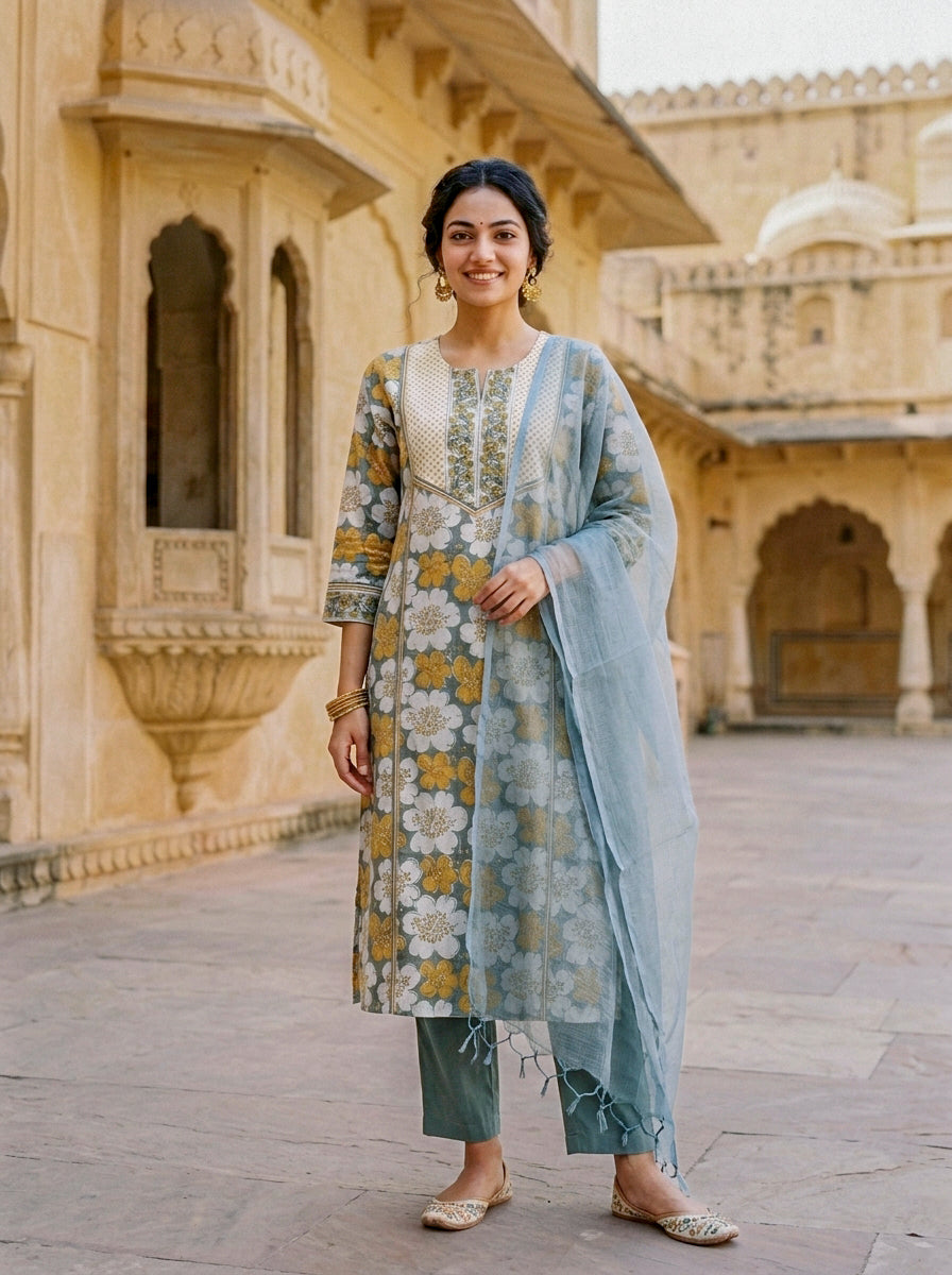 Sage Grey Floral Hand Block Print Cotton Kurta Set with Pants & Kota Dupatta — view 1