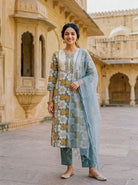 Sage Grey Floral Hand Block Print Cotton Kurta Set with Pants & Kota Dupatta — view 1