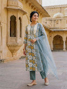 Sage Grey Floral Hand Block Print Cotton Kurta Set with Pants & Kota Dupatta — view 3
