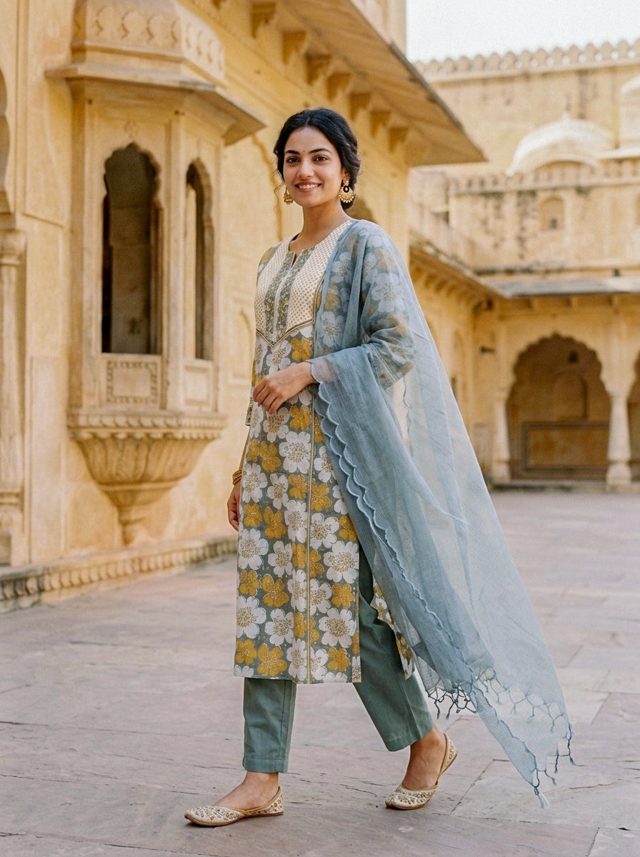Sage Grey Floral Hand Block Print Cotton Kurta Set with Pants & Kota Dupatta — view 4