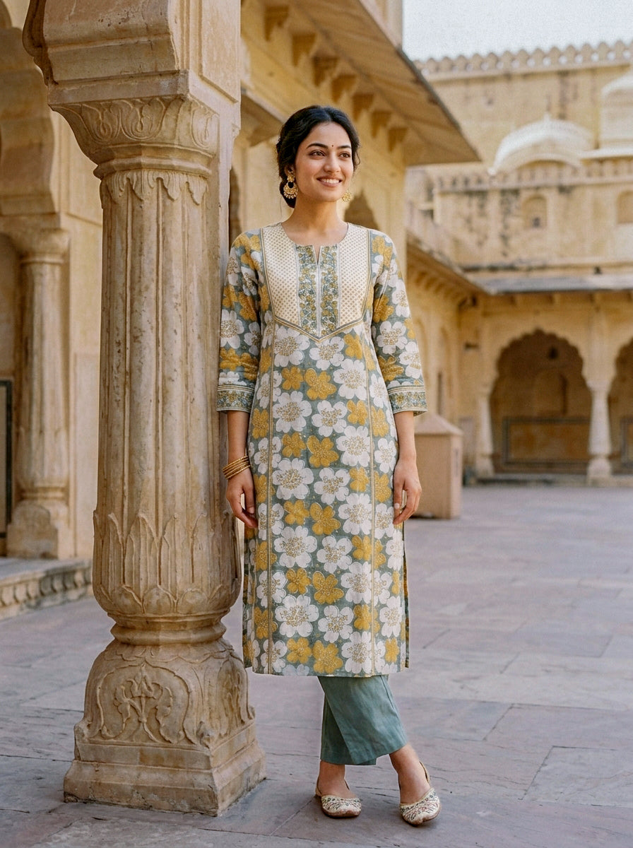 Sage Grey Floral Hand Block Print Cotton Kurta Set with Pants & Kota Dupatta — view 6
