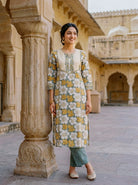 Sage Grey Floral Hand Block Print Cotton Kurta Set with Pants & Kota Dupatta — view 6