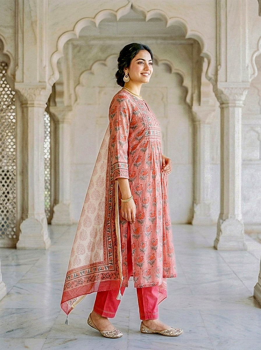 Coral Hand Block Print Silk Chanderi Kurta Set with Pants & Dupatta — view 2