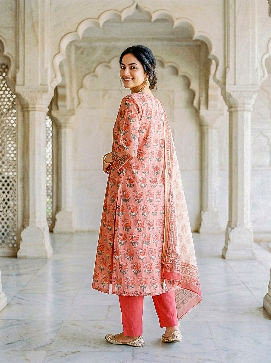 Coral Hand Block Print Silk Chanderi Kurta Set with Pants & Dupatta — view 3