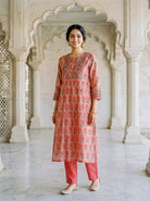 Coral Hand Block Print Silk Chanderi Kurta Set with Pants & Dupatta — view 4