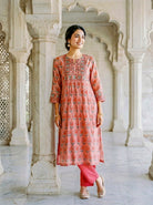 Coral Hand Block Print Silk Chanderi Kurta Set with Pants & Dupatta — view 5