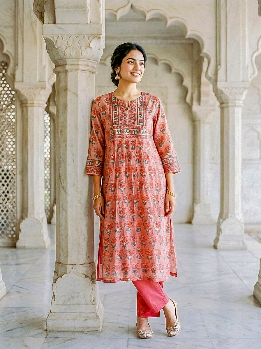 Coral Hand Block Print Silk Chanderi Kurta Set with Pants & Dupatta — view 5