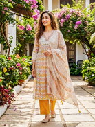 Ivory & Mustard Hand Block Print Kota Doria Kurta Set with Pants & Dupatta — view 1