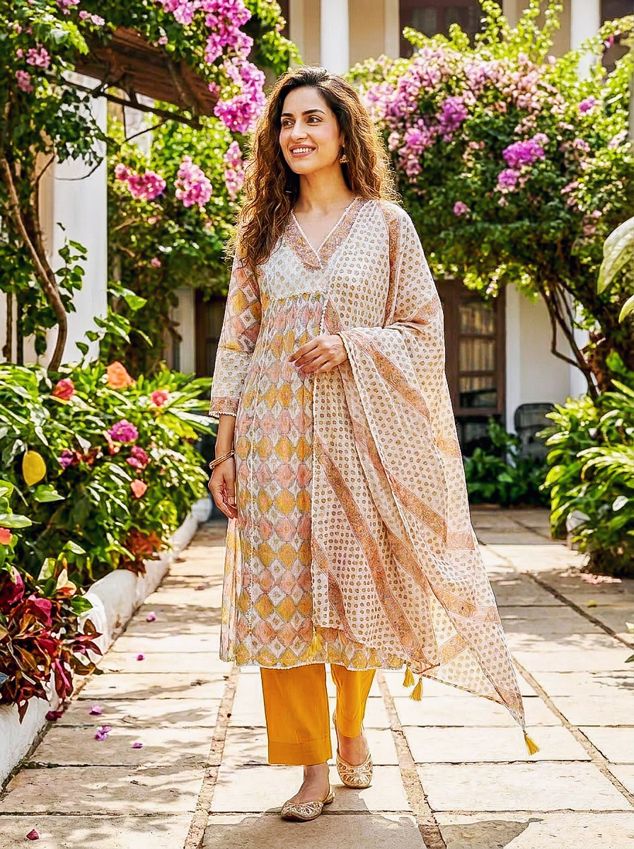 Ivory & Mustard Hand Block Print Kota Doria Kurta Set with Pants & Dupatta — view 1