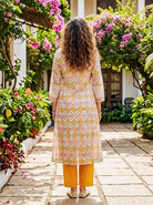 Ivory & Mustard Hand Block Print Kota Doria Kurta Set with Pants & Dupatta — view 3