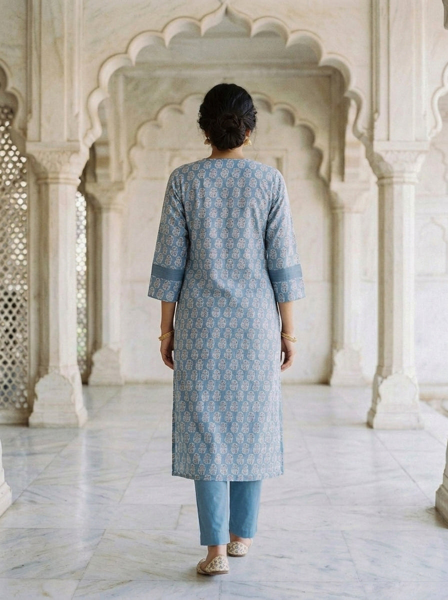 Dusty Blue Block Print Silk Chanderi Kurta with Pants & Chanderi Dupatta — view 4