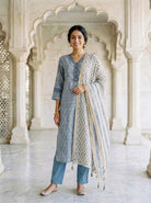 Dusty Blue Block Print Silk Chanderi Kurta with Pants & Chanderi Dupatta — view 1