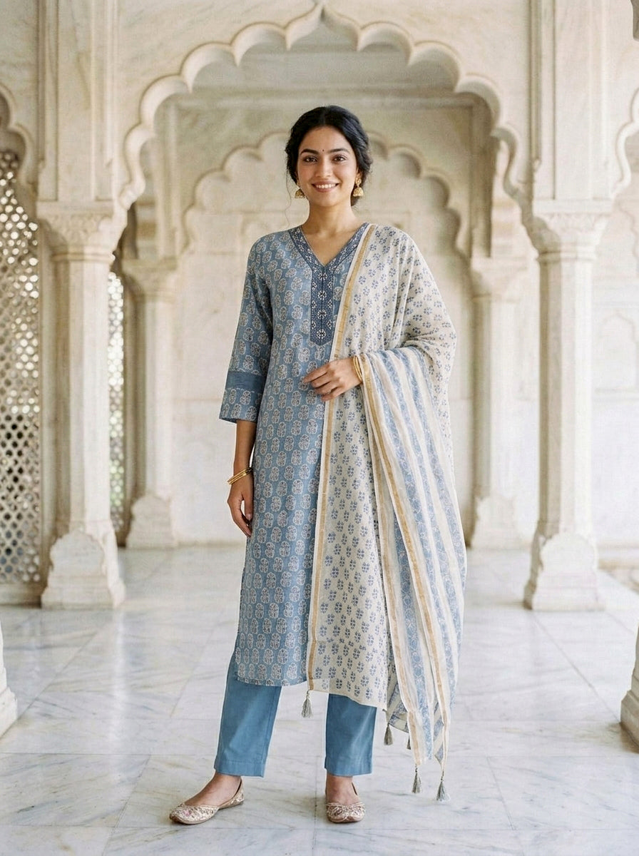 Dusty Blue Block Print Silk Chanderi Kurta with Pants & Chanderi Dupatta — view 1