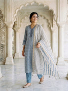 Dusty Blue Block Print Silk Chanderi Kurta with Pants & Chanderi Dupatta — view 5