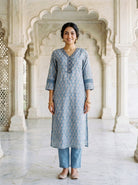 Dusty Blue Block Print Silk Chanderi Kurta with Pants & Chanderi Dupatta — view 2