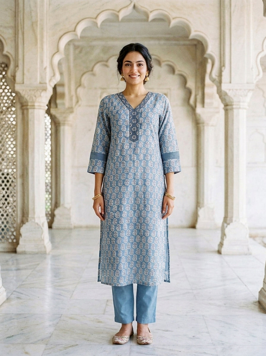 Dusty Blue Block Print Silk Chanderi Kurta with Pants & Chanderi Dupatta — view 2