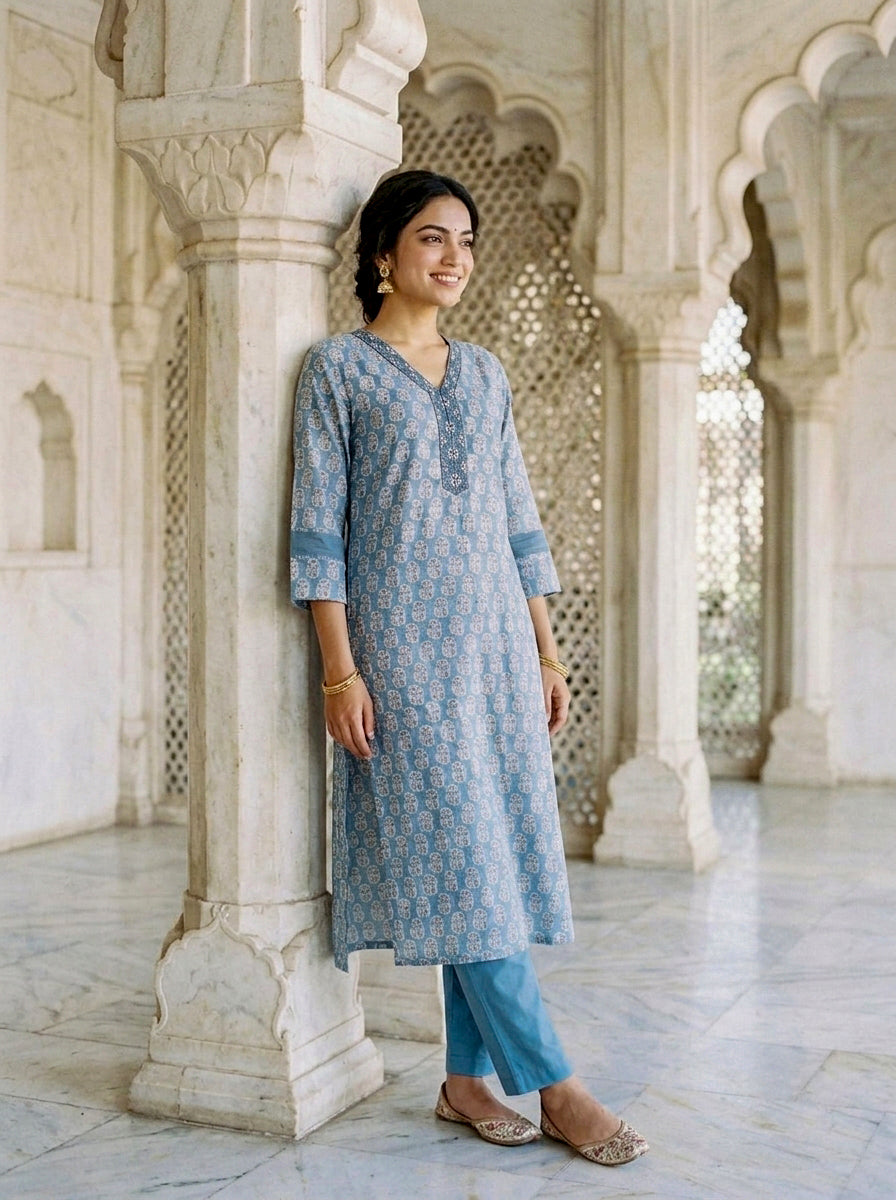 Dusty Blue Block Print Silk Chanderi Kurta with Pants & Chanderi Dupatta — view 6
