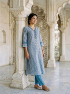 Dusty Blue Block Print Silk Chanderi Kurta with Pants & Chanderi Dupatta — view 6