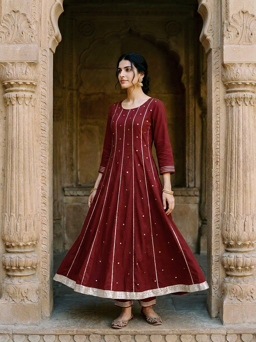 Maroon Embroidered Premium Modal Kurta Set with Pants & Dupatta — model front