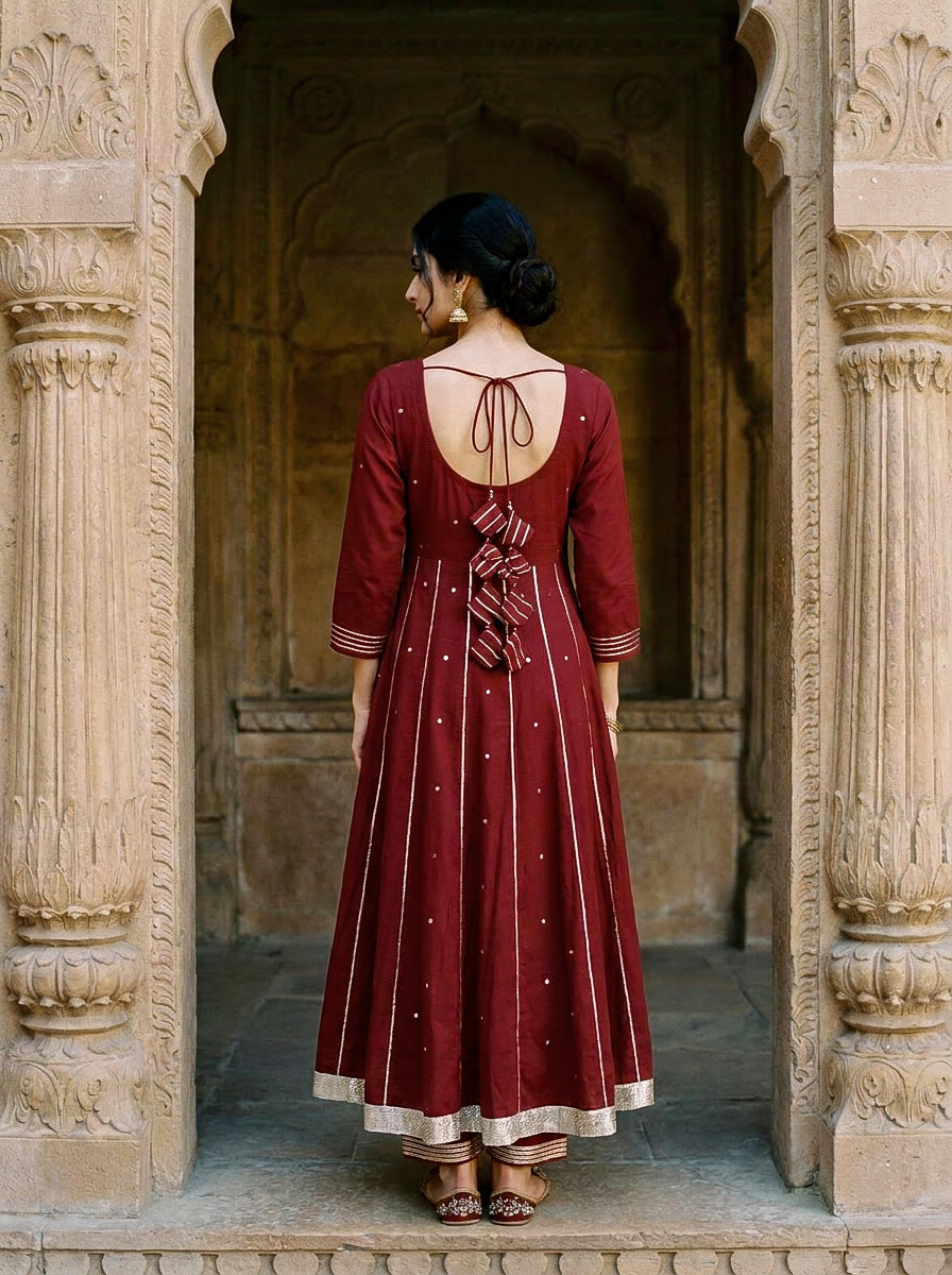 Maroon Embroidered Premium Modal Kurta Set with Pants & Dupatta — kurta detail