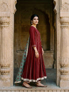 Maroon Embroidered Premium Modal Kurta Set with Pants & Dupatta — side view